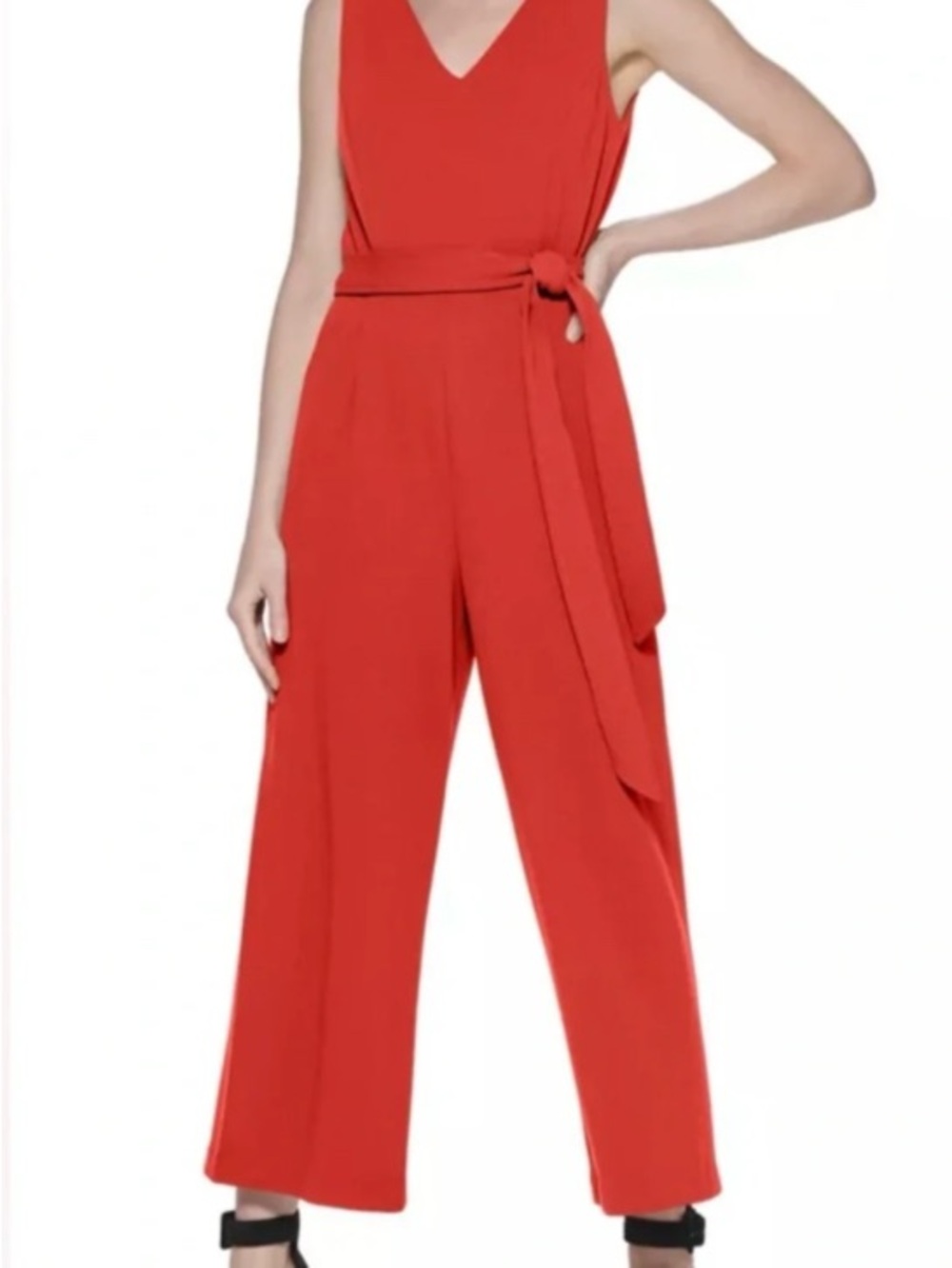 Calvin Klein Sleeveless Red/Orange V-Neck Wide-Leg Jumpsuit with Waist Tie 12